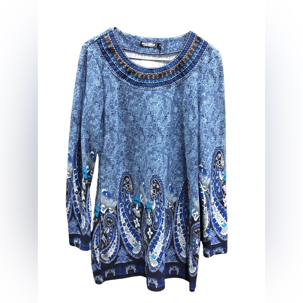 White Mark Blue Embroidered Tunic Sweater or Long Sleeve Dress Sz M